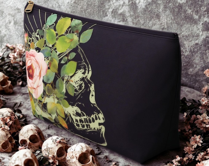 Featured listing image: Vintage Botanical Crowned Skull Accessory Pouch – Mystical Aesthetic, Personalized Makeup Bag, Art and Stationery Supplies