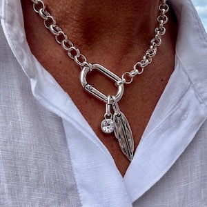 Chunky Silver Plated Necklace: Leaf and Swarovski Crystal Charm