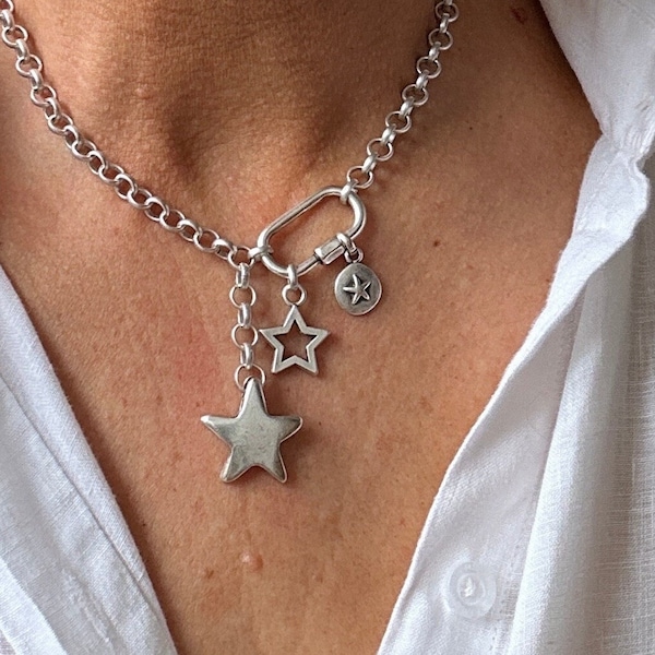 Antique Silver Multi Star Necklace