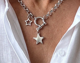 Antique Silver  Multi Star Drop Necklace