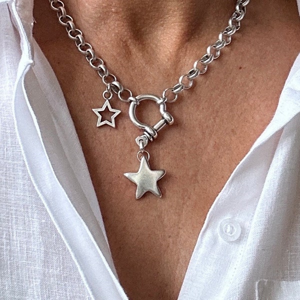 Antique Silver  Multi Star Drop Necklace