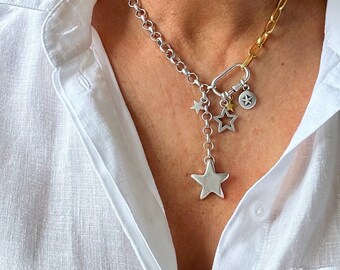 Antique Silver Gold Multi Star Drop Necklace