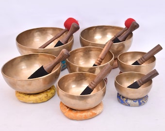 Professional Singing Bowl set of 7 - Tibetan Singing Bowl - Chakra Note Tuned - Complete Healing Set includes Tingsha and mallet cushion