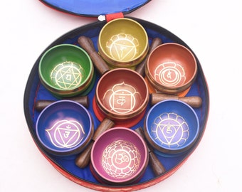 3 Inches Identical Size Gulpa Singing Bowl Set Of Seven - Best Gift Set From Nepal - Seven Chakra Design Bowl