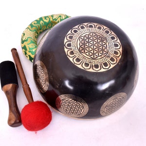 12 Inches Large Flower Of Life Singing Bowl Tibetan Singing Bowl Comes With Cushion , Mallet, Striker Best For Head Therapy Meditation image 3