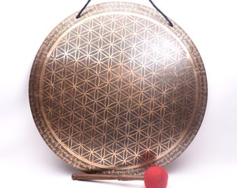 Flower Of Life Carve Tibetan Wind Gong Mande In Nepal - Hand Carving Gong -Tibetan Mantra Carving - Best For Sound Healing -Meditation Gong