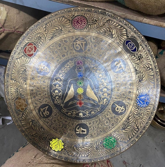 Yogi Chakra Carved Gong - Tibetan Handmade Gong - Best For Sound Meditation , Gong Bath - Chakra Healing Gong From  Nepal -Chau Gong