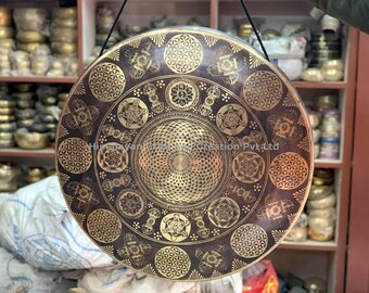 24 inches Flower of life gongs - Tibetan Sound Healing Handmade Gong - Deep Sound Vibration - For Chakra Balancing - Comes With Gong Mallet