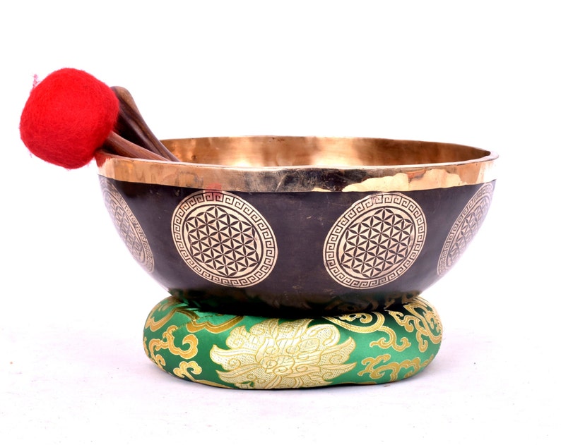 12 Inches Large Flower Of Life Singing Bowl Tibetan Singing Bowl Comes With Cushion , Mallet, Striker Best For Head Therapy Meditation image 1