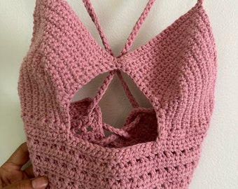 Small Pink Peekaboob Crochet Top: Criss Cross Straps, Cotton