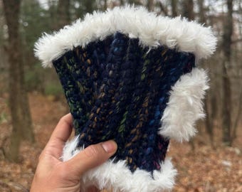 Crochet Wool Faux Fur Fingerless Gloves • Hand Warmers