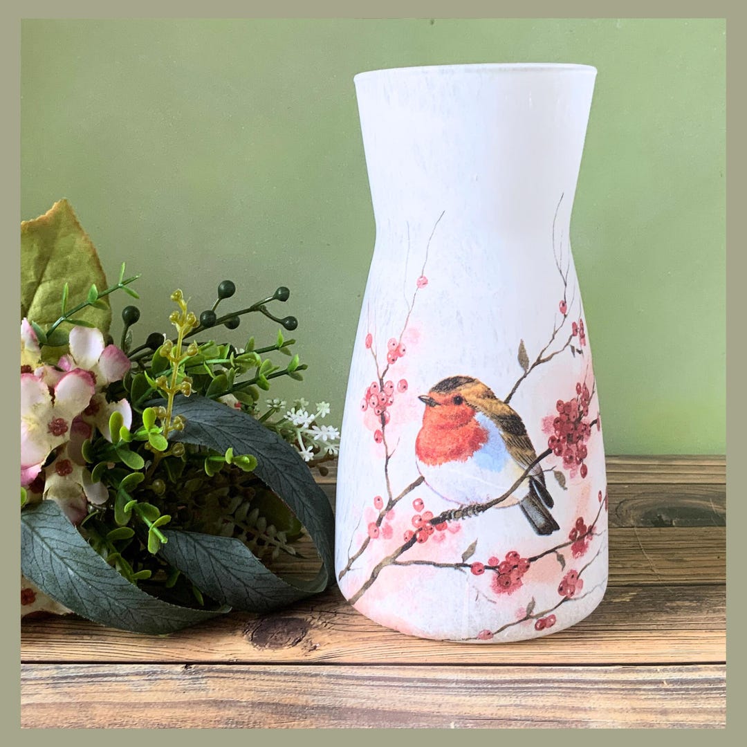 Robin Decoupaged Handmade Robin Decoupage Glass Vase: Floral Accent Vase - Etsy