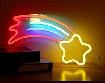 Estrella en el cielo / luz de neón (LED) para dormitorio, decoración de luces de signo, nube arco iris, montaje en pared de neón, cartel de barra creativa de colores
