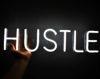 HUSTLE / Luz de neón (LED), Luces de letrero para decoración de montaje en pared, Dormitorio con luz nocturna, Lámpara hustle, Trabajar duro Jugar Duro Mentalidad de motivación