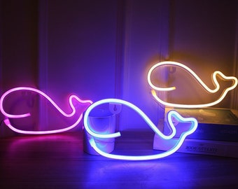 Ballena letrero de neón (LED) / Arte para pared y dormitorio, enchufe de luz nocturna para niños pequeños y niños, soporte de pared de neón, pez neón / fiesta