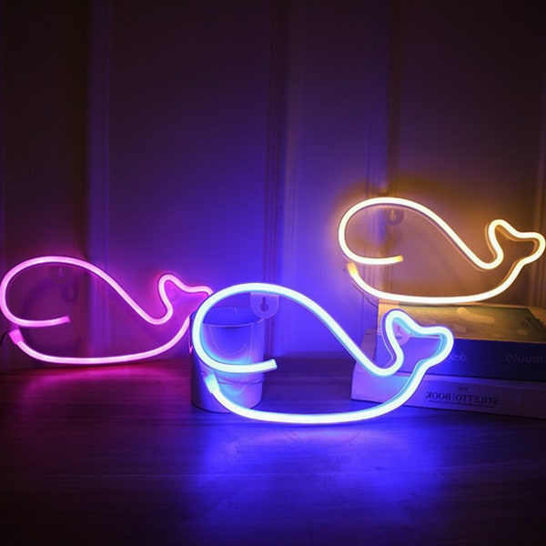 Neon Sign Whale (LED) | Art for Wall and Bedroom, Night Light Plug in for Toddlers and Kids, Neon Wall Mount, Bedroom/Party Neon Fish