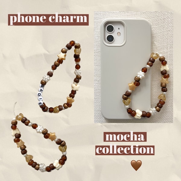 Mocha Phone Charm | beaded iphone charm strap, y2k phone charm, brown, gold, aesthetic, trendy