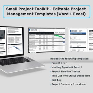 Könnte beinhalten: Ein Laptop-Computer zeigt eine Projektmanagement-Vorlage mit dem Titel "Project Brief". Das Bild zeigt auch drei weitere Vorlagen: "Meeting Agenda & Record", "Project Timeline Tracker" und "Task List with Status Dashboard".