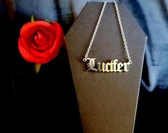 Lucifer necklace, monogram font necklaces, silver stainless steel 45cm length for her, satanic jewellery