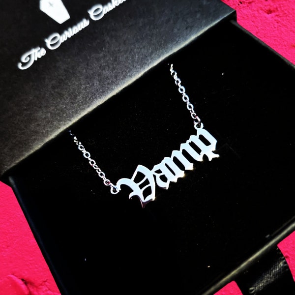 Vamp, Old English Font necklace,  silver necklace,  gift for her, goth aesthetic,  silver chain