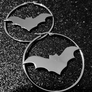 Bat Cut Out Stainless Steel Hoop Earrings, Halloween Goth Style (50mm)