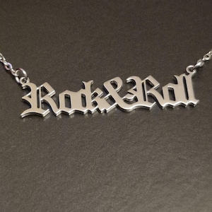 Handmade, laser cut Rock & Roll Necklace made from Stainless steel in silver, the perfect gift for any Rocker!