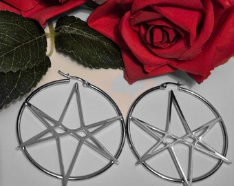 Obey silver stainless steel hoop earrings the perfect festival essential, BMTH jewellery, unicursal hexagram hoops, heavy metal inspired