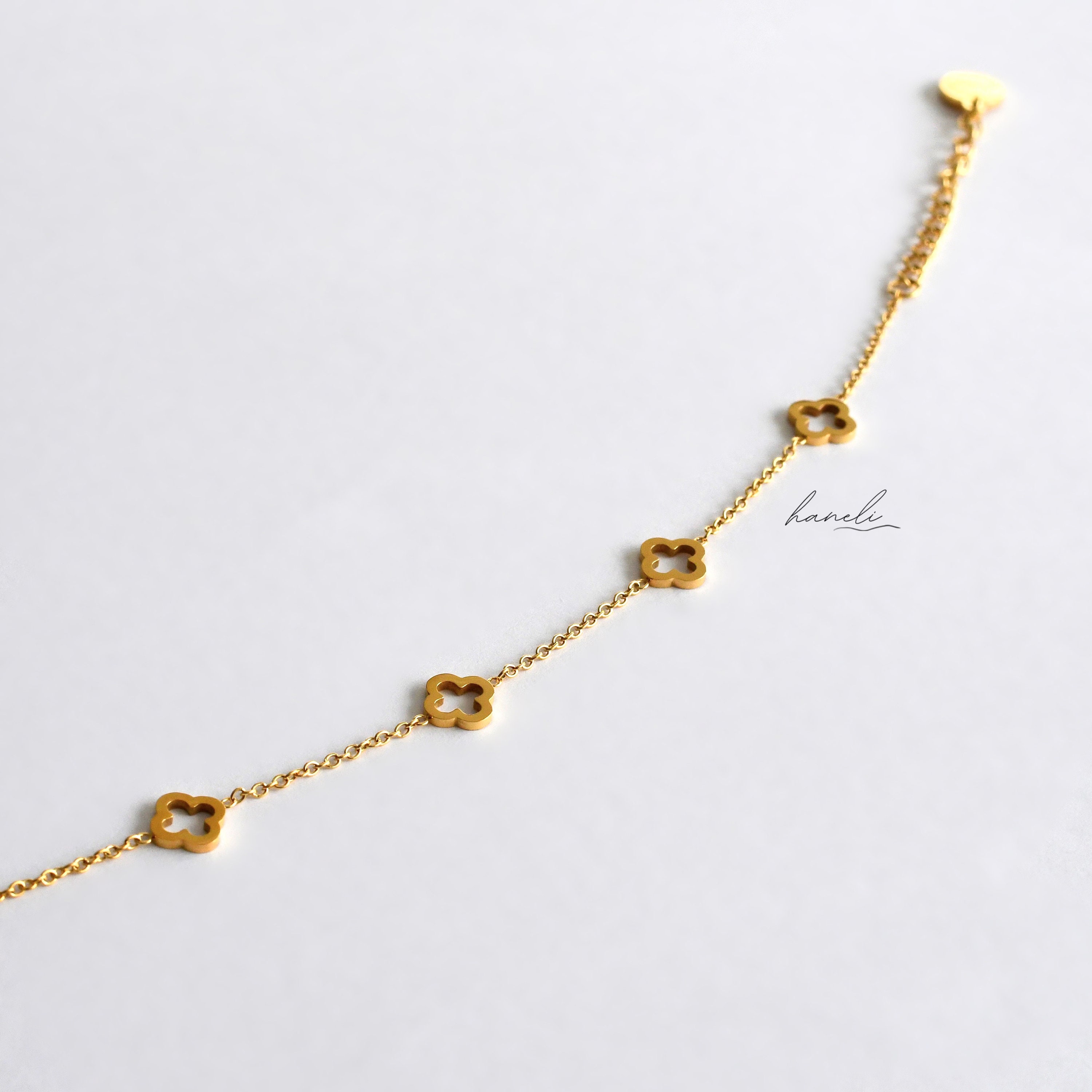 MYEARS Gold Clover Bracelet For Women - Sideways Charm, Cubic Zirconia, 14K Dainty Chain