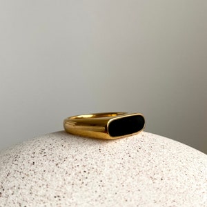 LENA - Black slim signet ring. Statement ring. Signet ring. Black enamel ring. 18k gold plated stainless steel ring