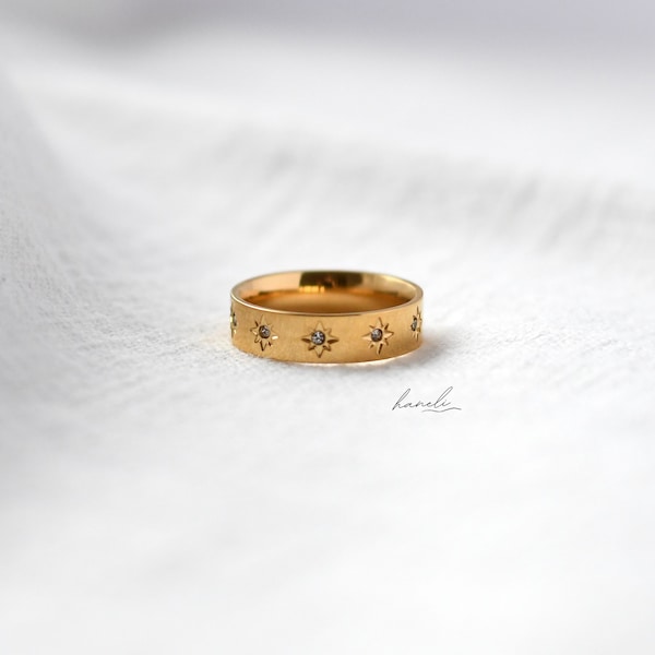 Starburst Ring - Cz North Star Ring - Gold band Ring - Gold Plated Statement Ring For Her - Stacking Ring - Non Tarnish Everyday Gold Ring