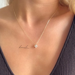 Clear CZ Clover Necklace - 14k Gold Plated 925 Sterling Silver - Tiny Flower Pendant - Classic Tarnish Free Everyday Chain - Bridesmaid Gift