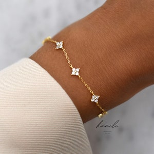 14K Gold Plated Sterling Silver Multi Flower Clover Diamond Bracelet - Dainty Adjustable Chain - Gift for Bridesmaid - Tiny CZ Stone