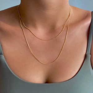 May include: A layered gold chain necklace with a delicate, thin design. The necklace is worn by a person with a light skin tone and is shown against a green background.