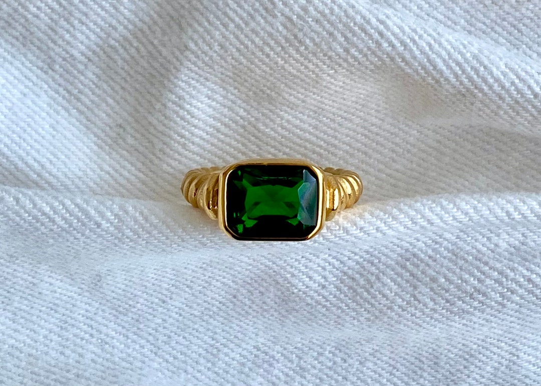 Green Ring on Twisted Band. Gold Plated Ring. Etsy