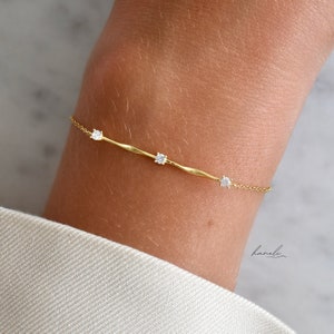 Dainty Twisted Bar Trio CZ Bracelet - 14K Gold Plated 925 Silver - Simple Adjustable Chain - Minimalist Gift For Her - Bridesmaid Jewellery