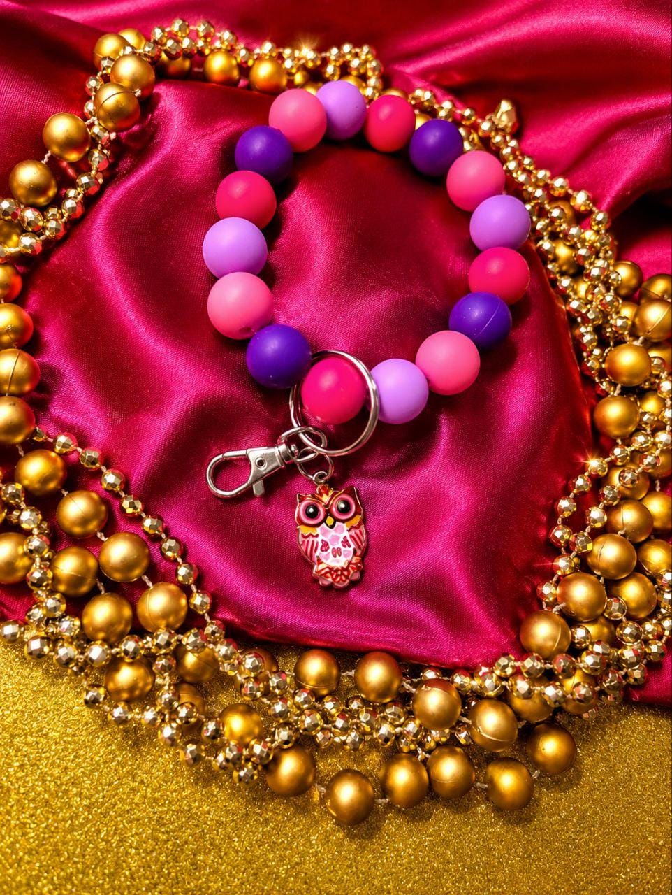 Pink & Purple Owl Silicone Beaded Wristlet Keychain