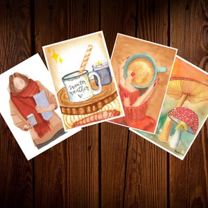 Cartes postales esthétiques d'automne, lot de 4 cartes postales d'automne au format A6, saison d'automne à l'aquarelle, art de champignons, saison de foulard, cartes postales de saison
