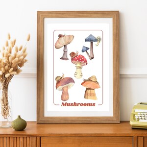 Poster con illustrazione di funghi, arte di funghi e lumache, arte acquerello A4