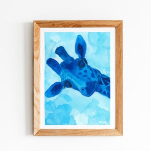 Giraffe monochromatic print, blue watercolor painting, art print, blue tones, monochrome decor