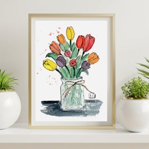 Tulipas aquarela, decoração de primavera, aquarela botânica, decoração de arte floral, decoração de parede de sala de estar