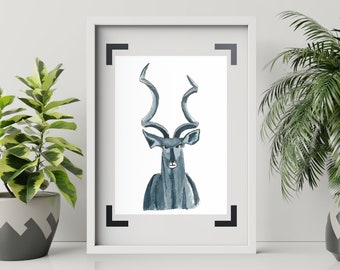 Kudu monochromatic art print, monochrome art, watercolor animal illustration, antelope painting, Africa wildlife painting