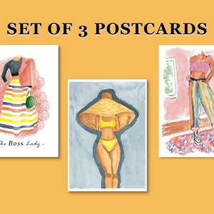 Cartoline di moda femminile, set di 3, boss lady, fashionista, vibrazioni estive