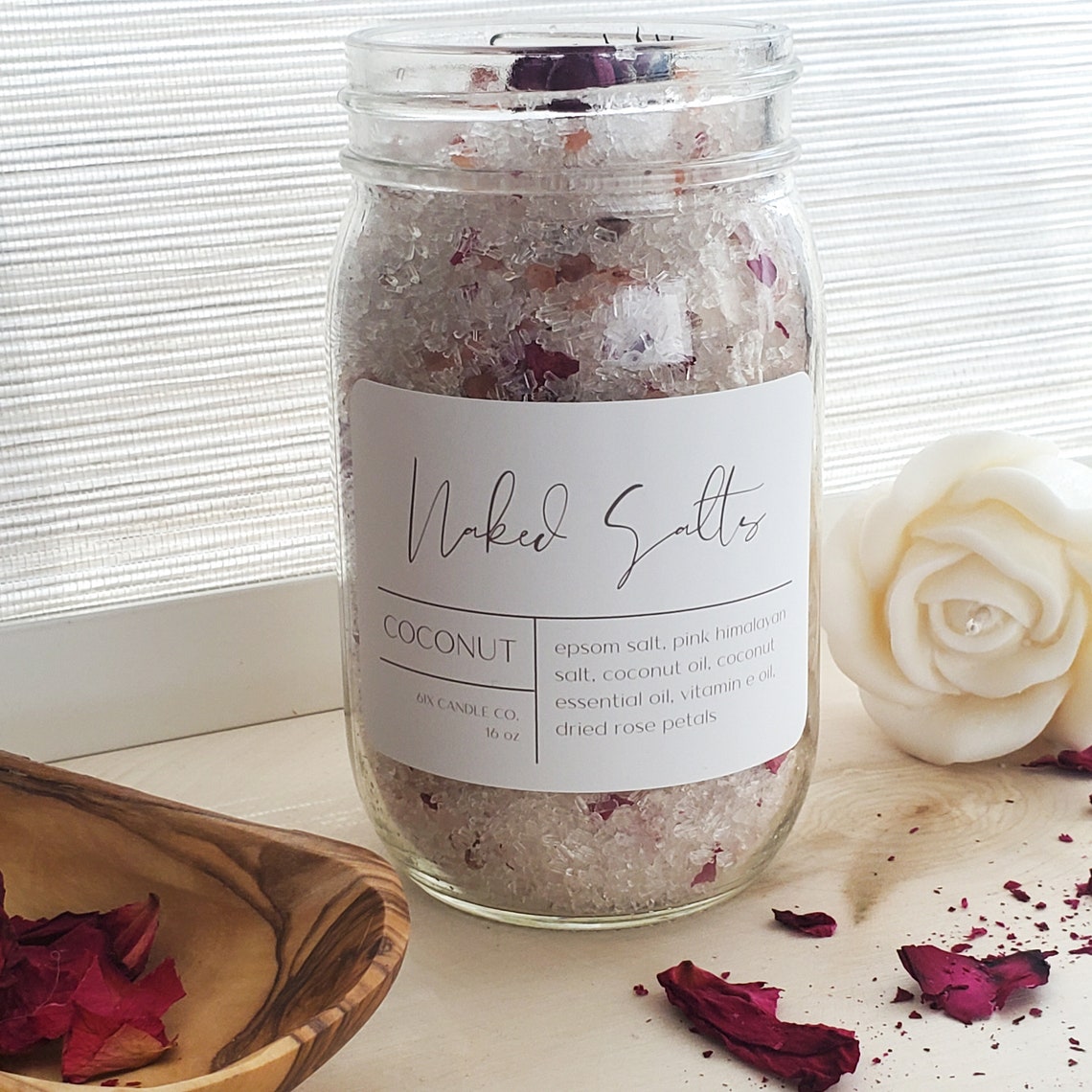 Luxury Bath Salts 16 oz Jar Coconut Rose Dried Rose Petals | Etsy