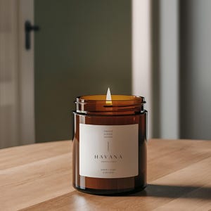 Bougie Havane | Tabac + Safran + Amande | Verre ambré | Mèche de coton | Bougie en cire de noix de coco | Bougie de luxe minimaliste