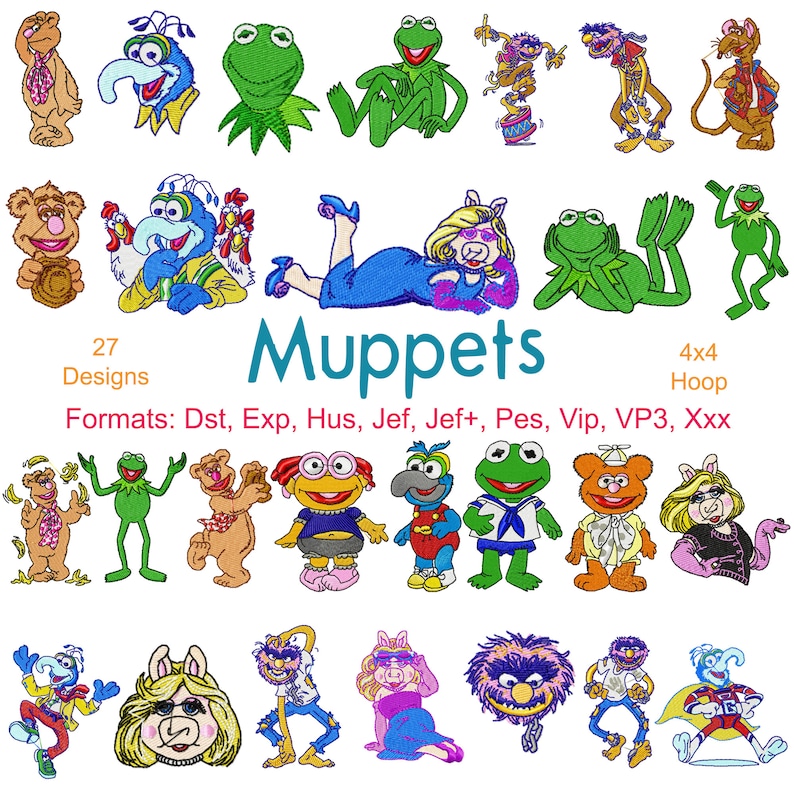 May include: A collection of 27 colorful embroidery designs featuring characters from the Muppets. The designs are for a 4x4 hoop and are available in multiple formats, including Dst, Exp, Hus, Jef, Jef+, Pes, Vip, VP3, and Xxx.