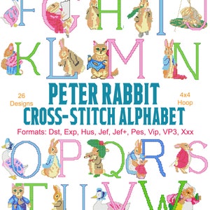 Peter Rabbit Cross Stitch Alphabet Machine Bordado, 26 Diseños, Benjamin Bunny, Jemima Puddleduck, Bordado para niños, Descarga instantánea