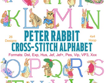 Peter Rabbit Kruissteek Alfabet Machine Borduurwerk, 26 Ontwerpen, Benjamin Bunny, Jemima Puddleduck, Kinder borduurwerk, Instant Download