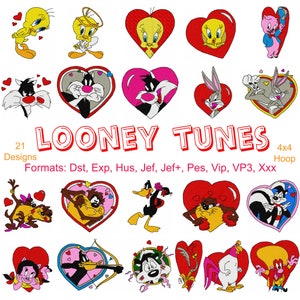 Looney Tunes Love Embroidery Files, 21 disegni, 4 pollici hoop, Daffy Duck, Tweety Bird, Sylvester, Bugs Bunny, Valentines, Instant Download