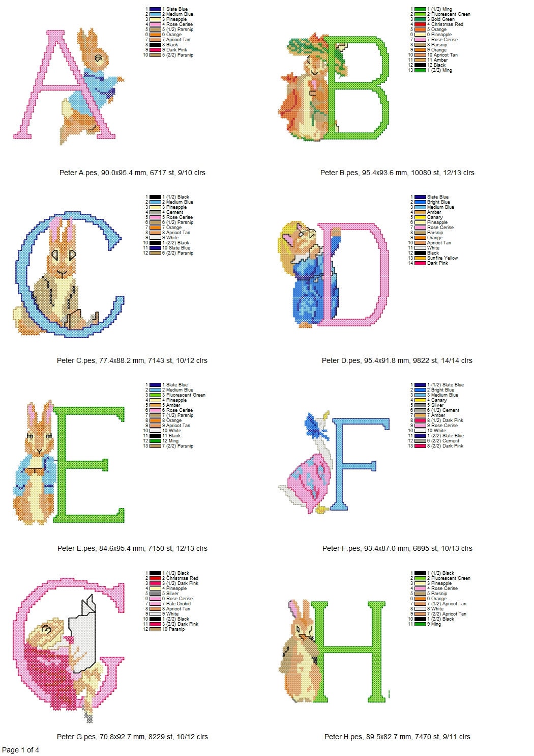 Peter Rabbit Cross Stitch Alphabet Machine Embroidery, 26