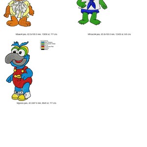 May include: Three embroidered character designs: a brown bear wearing a yellow shirt and a white scarf, a green frog wearing a blue and white sailor shirt, and a blue bird wearing a red shirt and yellow shoes.
